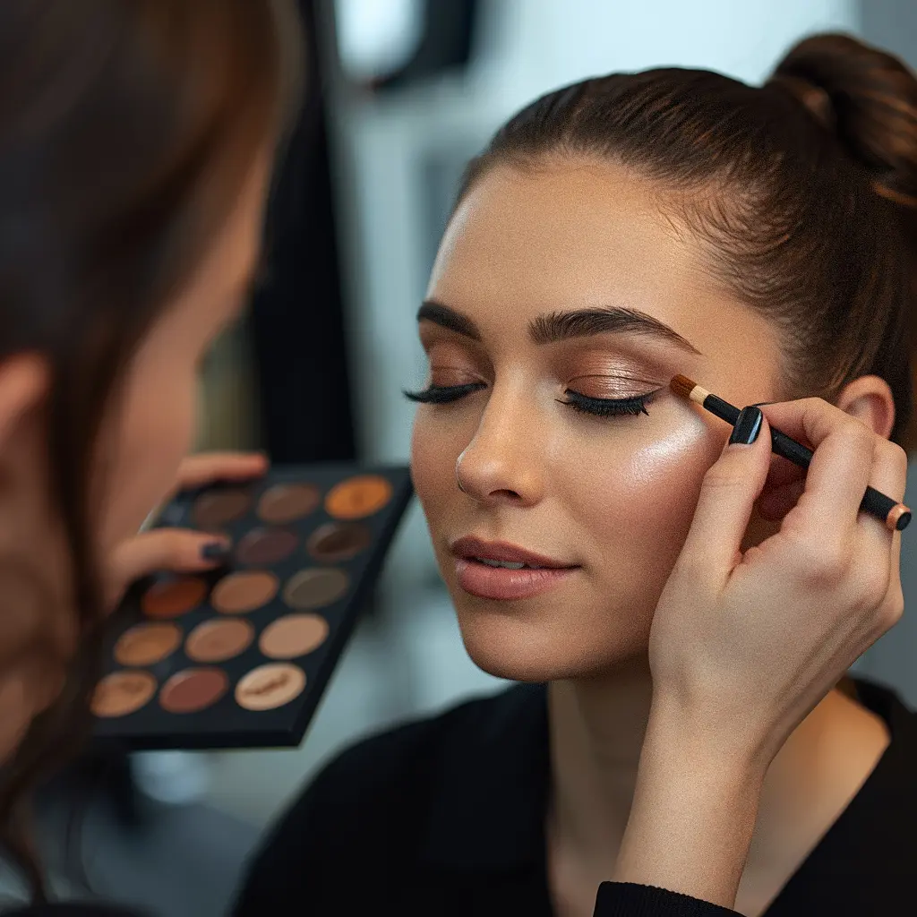 Makeup artist preparing client for event in San Francisco studio